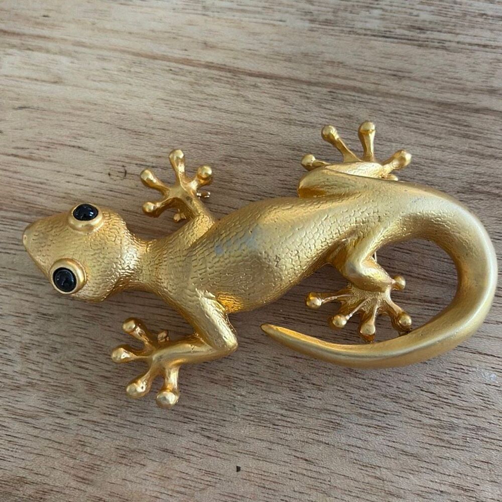 XL Vintage gold gecko lizard pin brooch 4”
